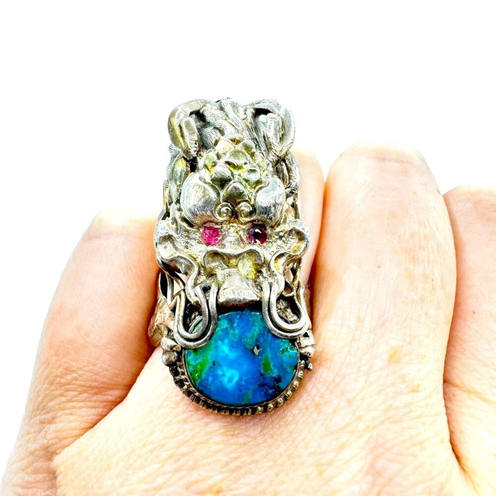 Vintage 925 Sterling Silver Large Dragon Head Oval Turquoise Ring Size 10 Large